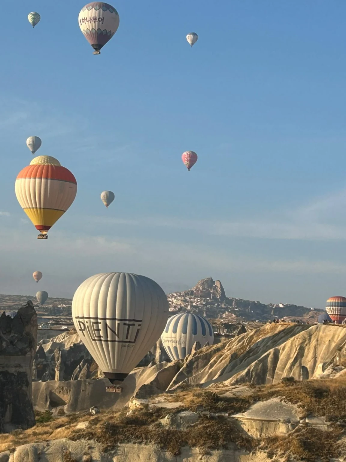 Hot air balloons floating over fairy chimneys and valleys in Cappadocia