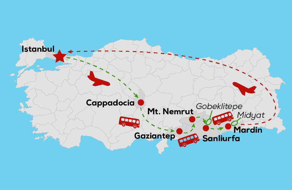 10-Day Eastern Turkey Tour: Cappadocia, Mount Nemrut & Göbeklitepe route map