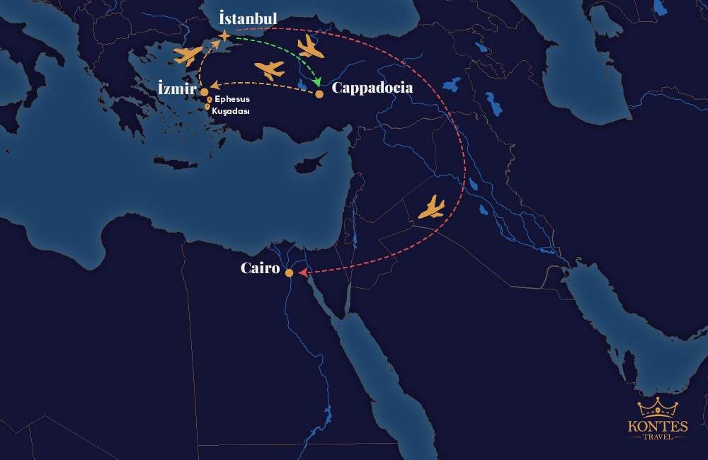 Excursão de 10 dias pela Turquia e Egito: Istambul, Capadócia, Éfeso e Cairo mapa da rota