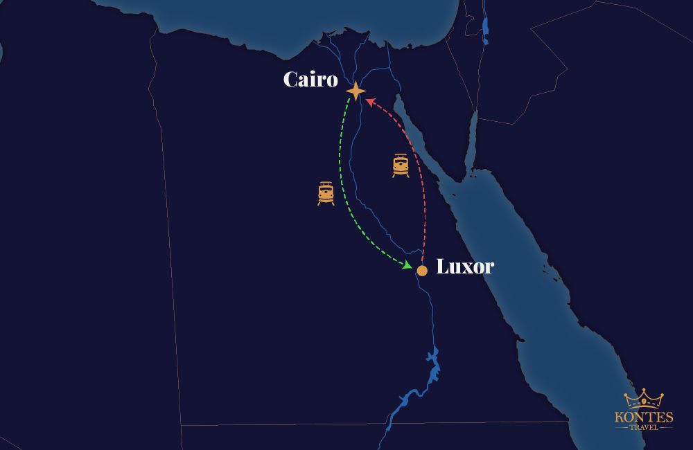6-tägige klassische Ägypten-Tour: Von Kairo nach Luxor mit dem Schlafwagen Routenkarte