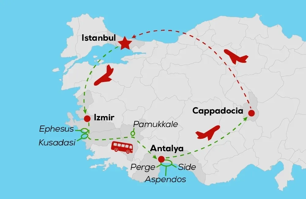 6-dagers Tyrkia-tur: Efesos, Pamukkale, Antalya og Kappadokia rutekart