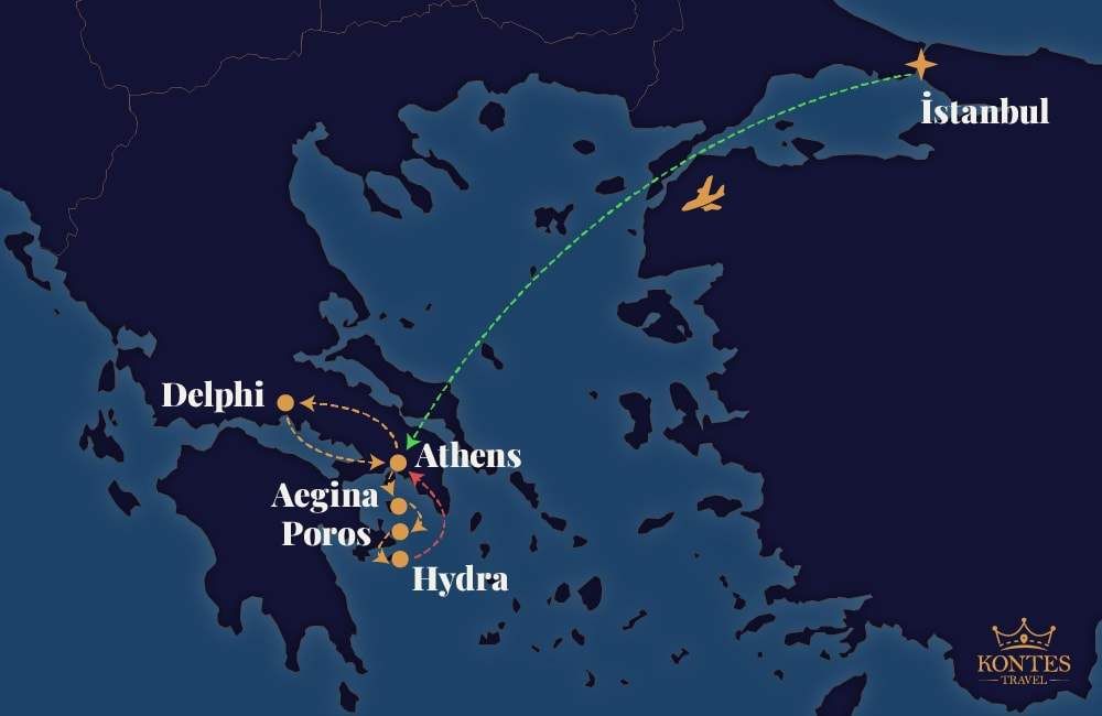 8denní zájezd z Istanbulu do Atén se Saronskými ostrovy mapa trasy