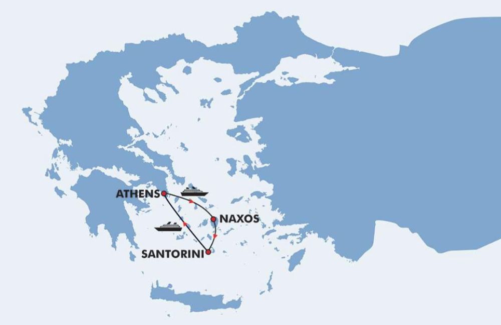 8-Day Greece Itinerary: Athens, Naxos & Santorini route map