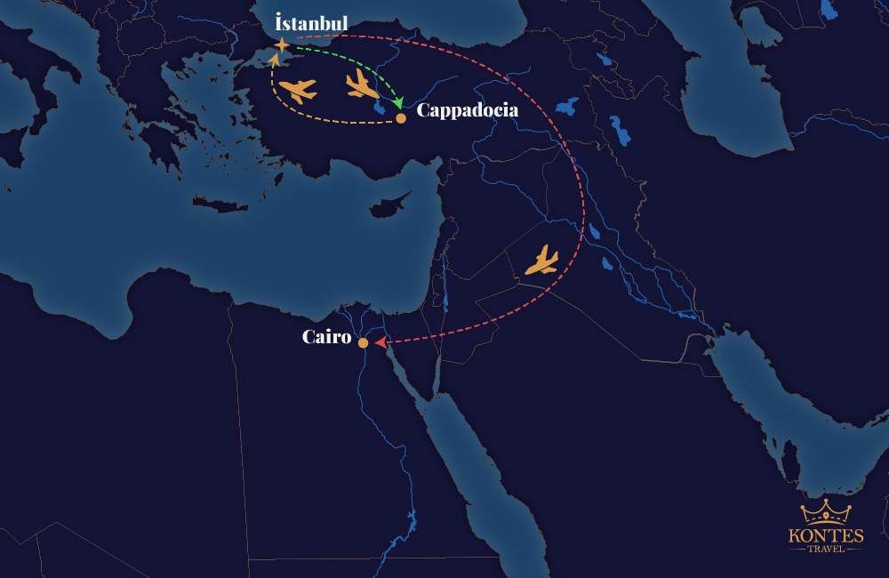 Tur de 9 zile în Turcia și Egipt: Istanbul, Cappadocia și Cairo harta traseului
