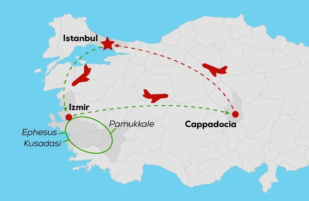 9-dages Tyrkiet-rundrejse: Istanbul, Cappadocia & Pamukkale rutekort